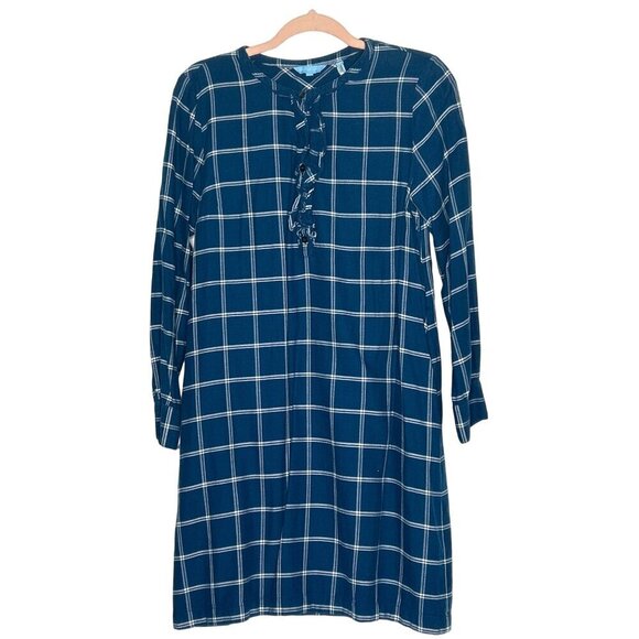 Draper James blue plaid windowpane ruffle shirt dress size 0 twee - Picture 2 of 7